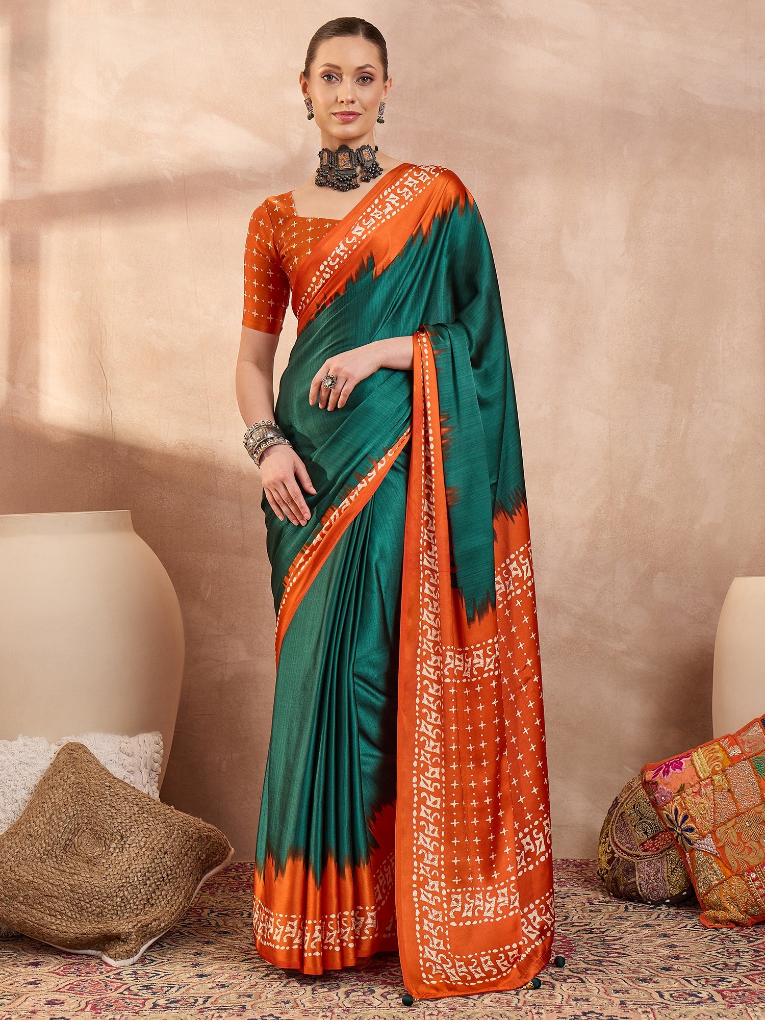 Green Crepe Silk Ready To Wear/Easy Saree - Panaash Saree