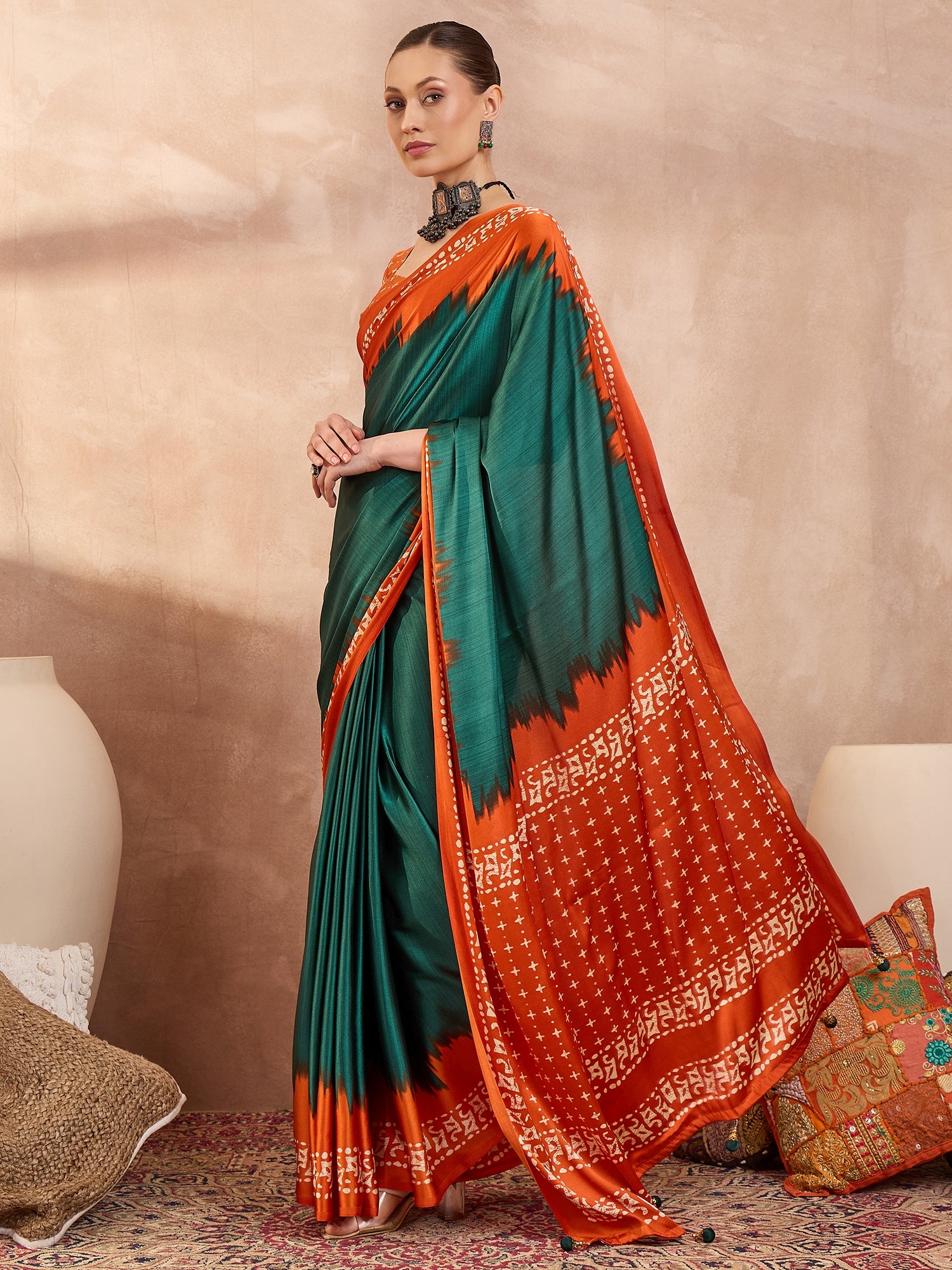 Green Crepe Silk Ready To Wear/Easy Saree - Panaash Saree