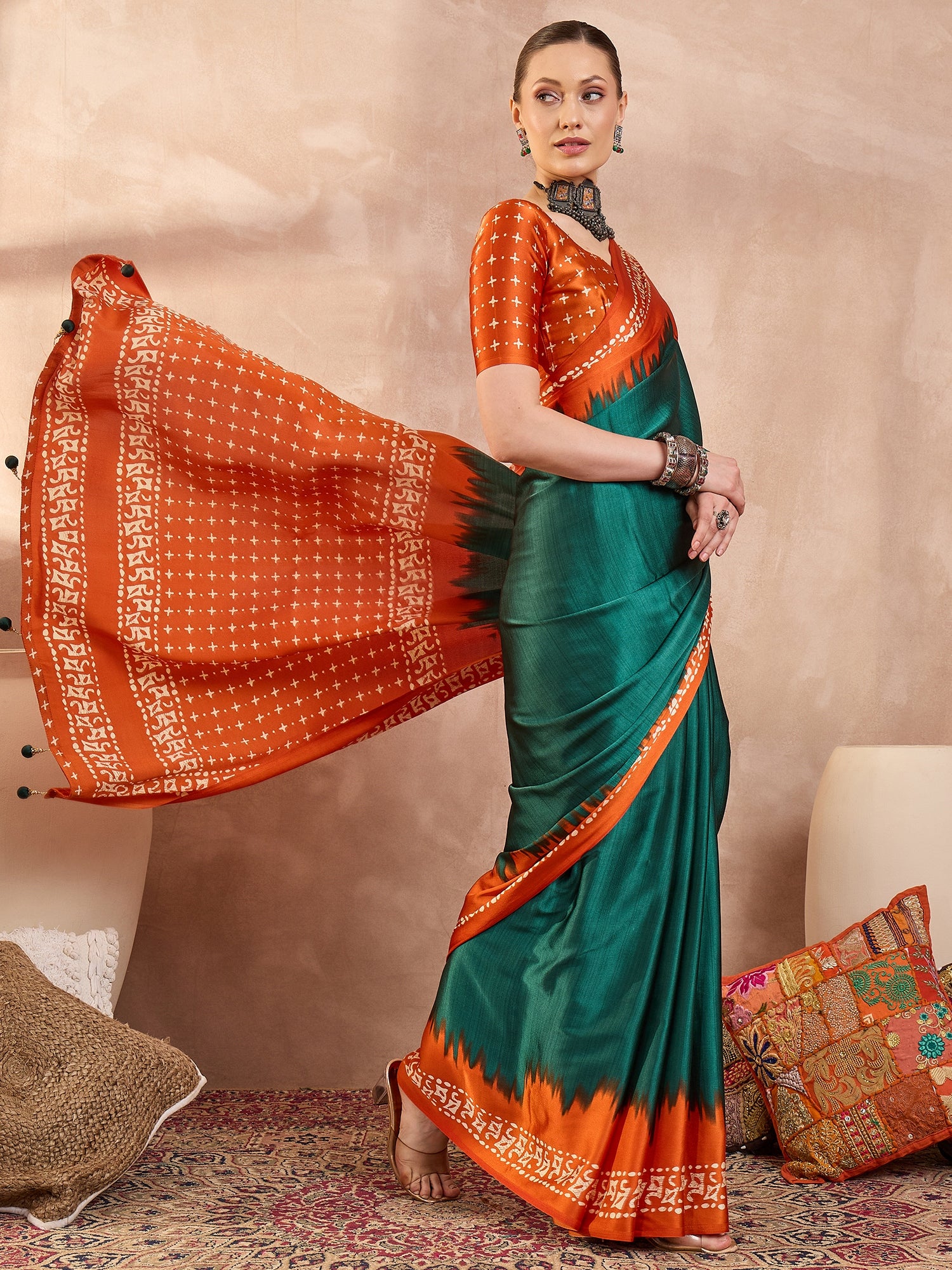 Green Crepe Silk Ready To Wear/Easy Saree - Panaash Saree