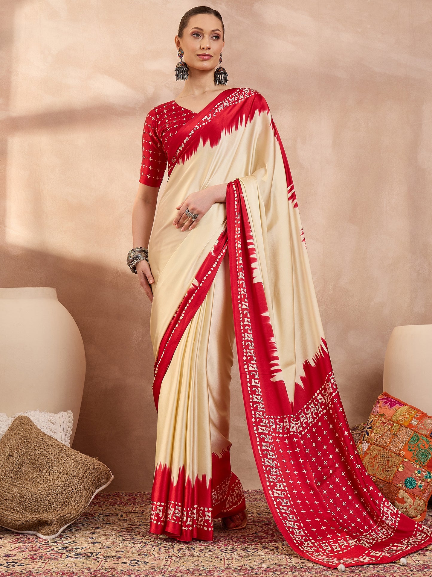 Cream Crepe Silk Ready To Wear/Easy Saree - Panaash Saree