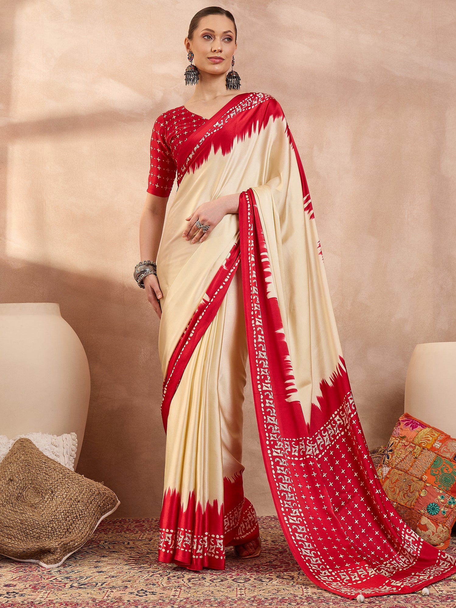 Cream Crepe Silk Ready To Wear/Easy Saree - Panaash Saree