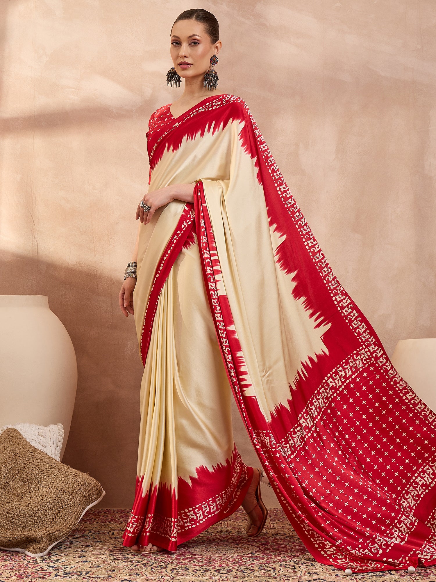 Cream Crepe Silk Ready To Wear/Easy Saree - Panaash Saree