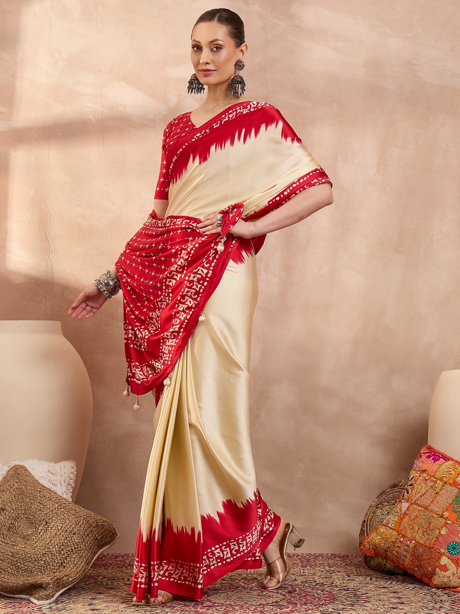 Cream Crepe Silk Ready To Wear/Easy Saree - Panaash Saree