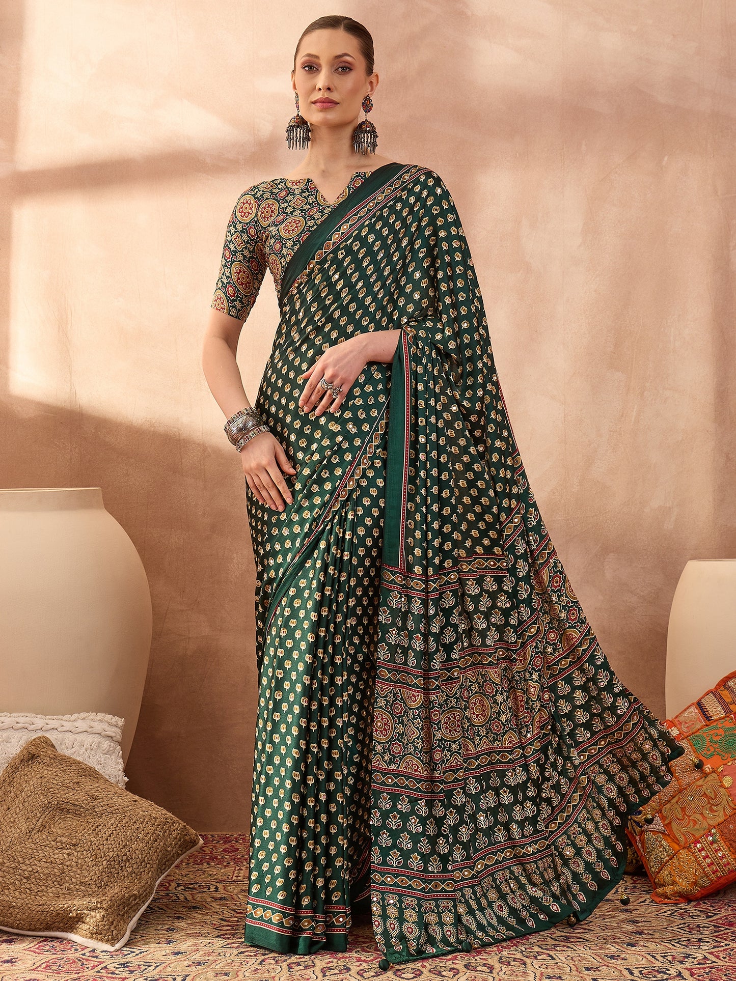 Green Mirror Crepe Silk Ready To Wear/Easy Saree