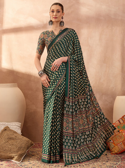 Green Mirror Crepe Silk Ready To Wear/Easy Saree