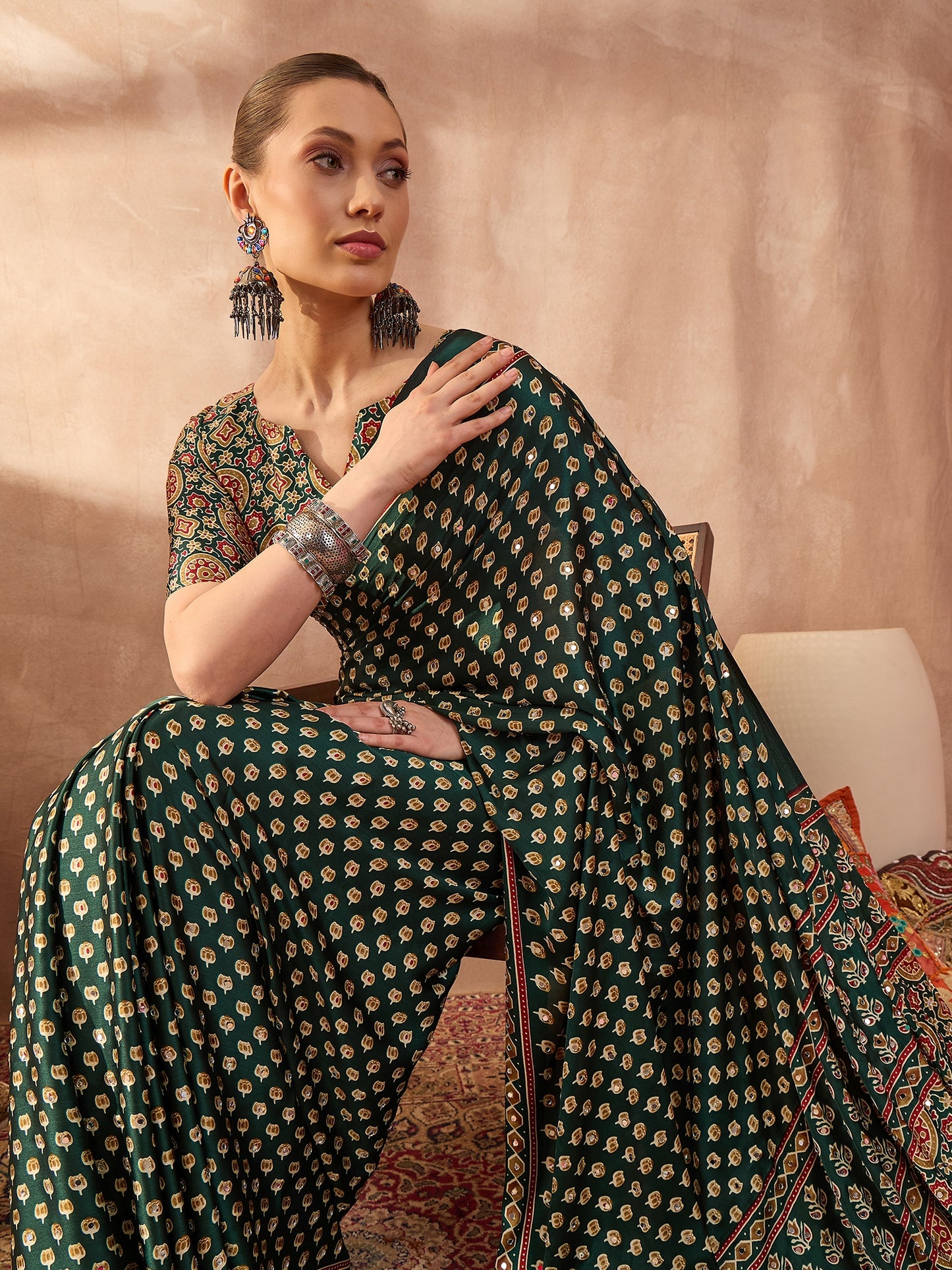 Green Mirror Crepe Silk Ready To Wear/Easy Saree