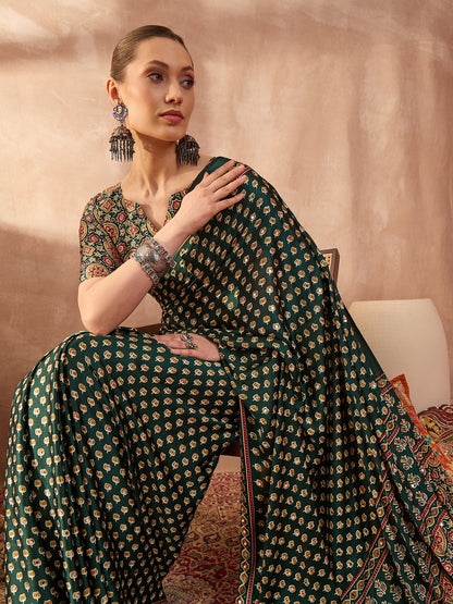 Green Mirror Crepe Silk Ready To Wear/Easy Saree