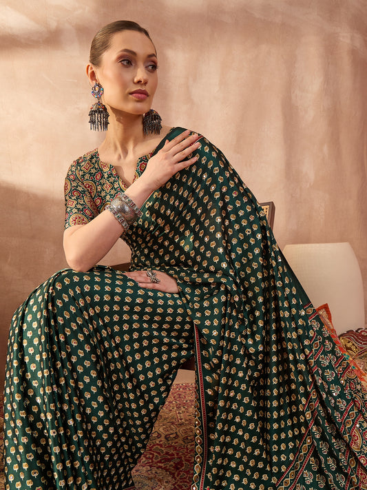 Green Mirror Crepe Silk Ready To Wear/Easy Saree