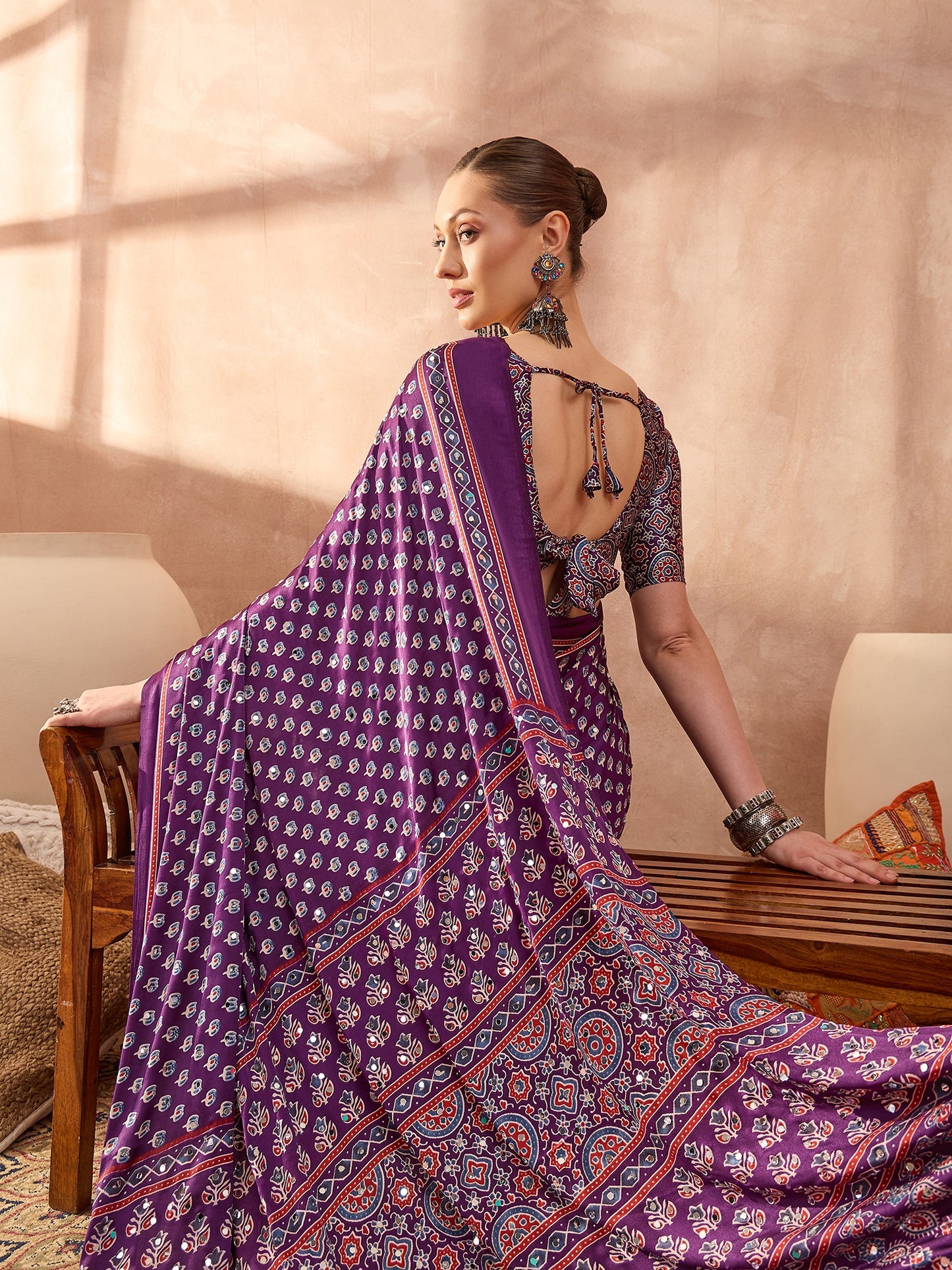 Purple Mirror Crepe Silk Ready To Wear/Easy Saree