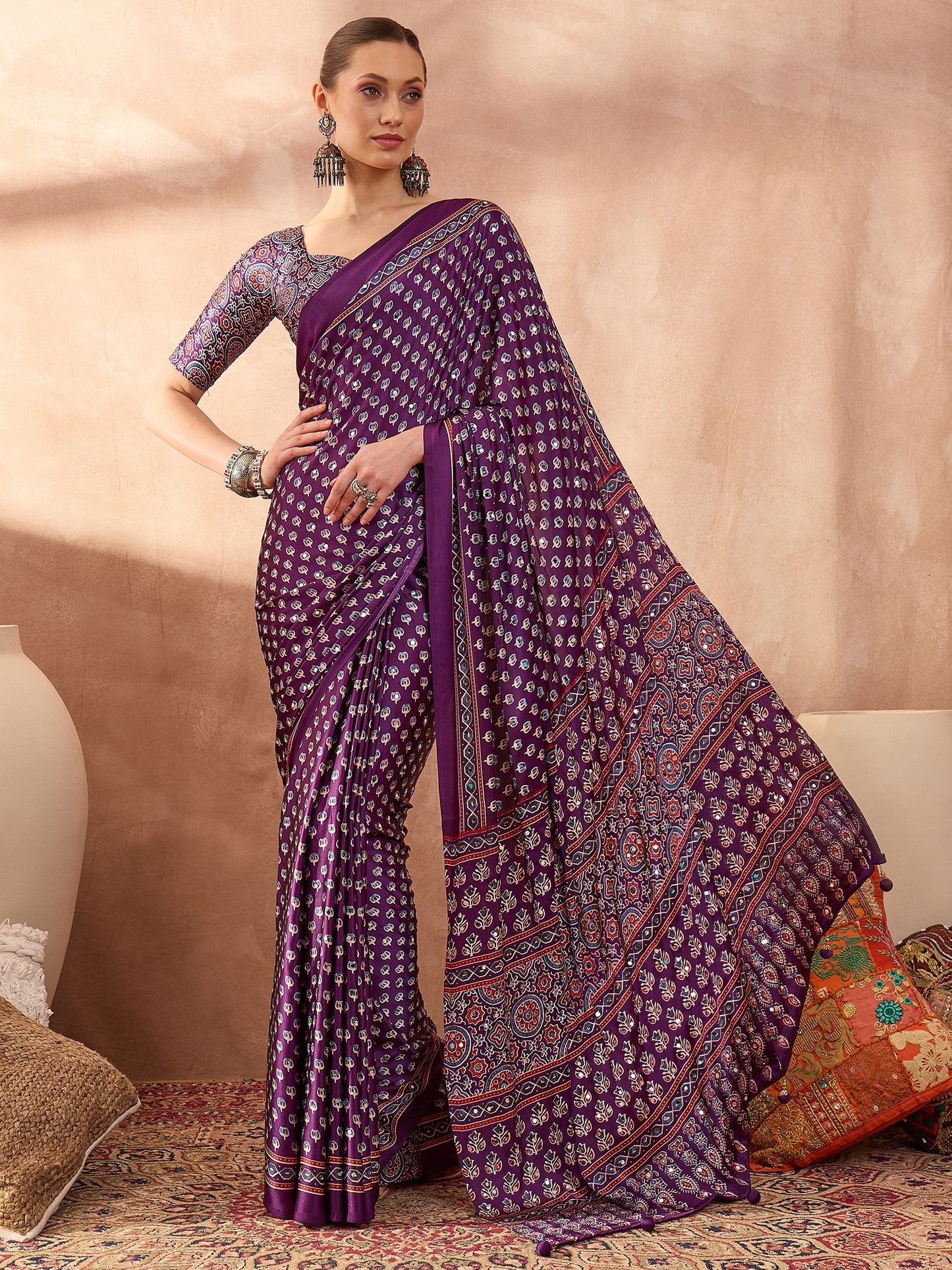 Purple Mirror Crepe Silk Ready To Wear/Easy Saree