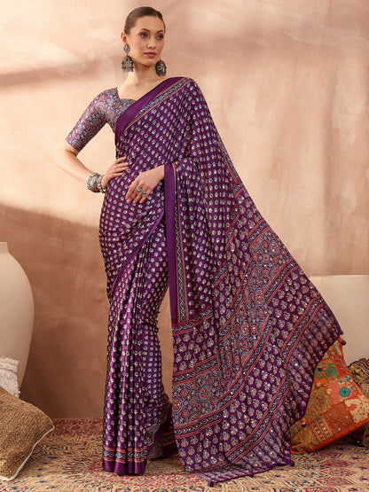Purple Mirror Crepe Silk Ready To Wear/Easy Saree