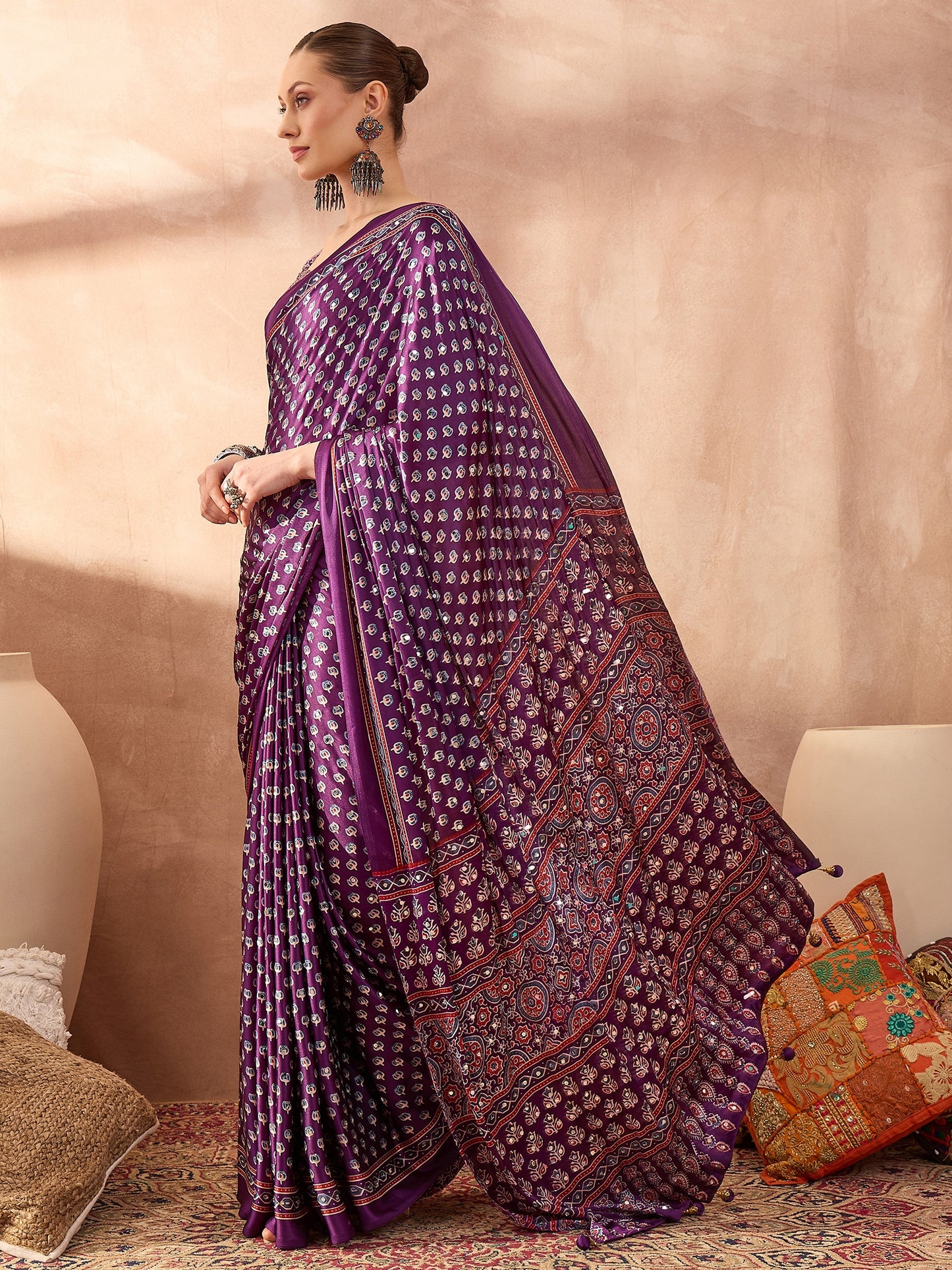 Purple Mirror Crepe Silk Ready To Wear/Easy Saree