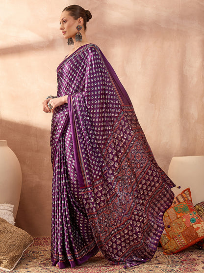 Purple Mirror Crepe Silk Ready To Wear/Easy Saree