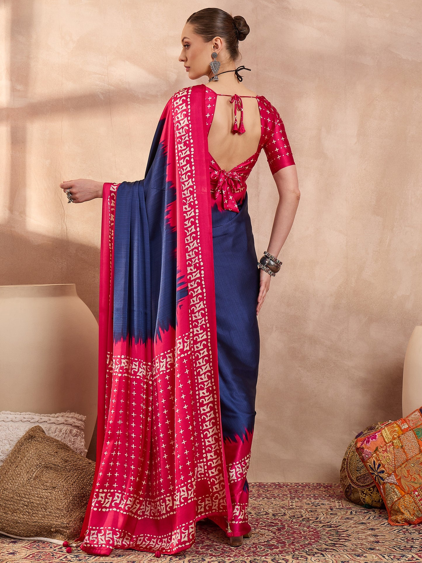 Navy Blue Crepe Silk Ready To Wear/Easy Saree - Panaash Saree