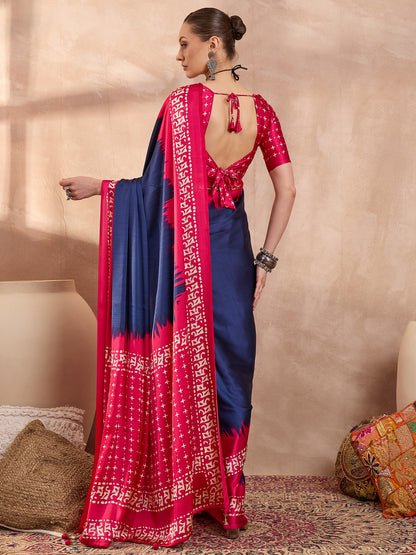 Navy Blue Crepe Silk Ready To Wear/Easy Saree - Panaash Saree