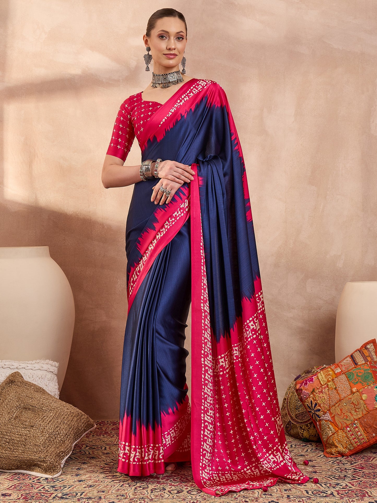 Navy Blue Crepe Silk Ready To Wear/Easy Saree - Panaash Saree