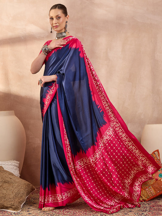 Navy Blue Crepe Silk Ready To Wear/Easy Saree - Panaash Saree