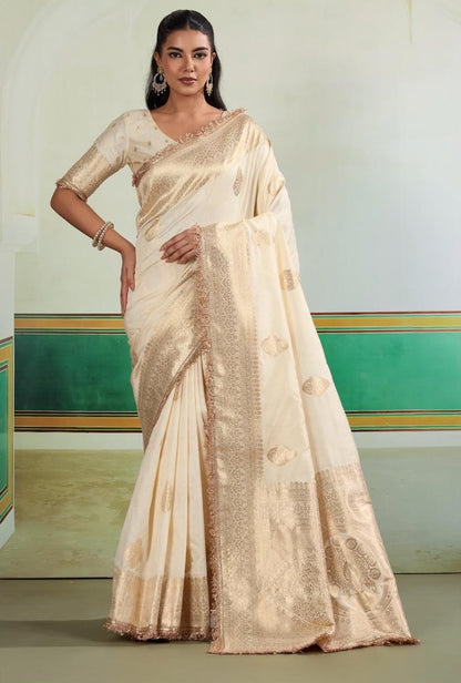 Ivory Banarasi Silk Readymade/Easy Saree