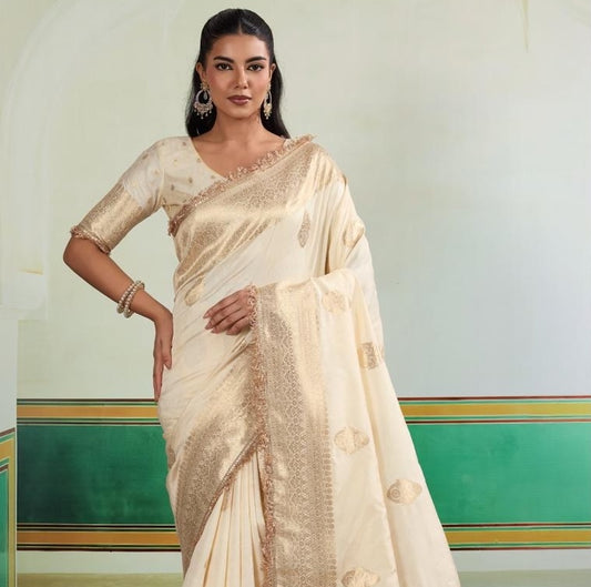Ivory Banarasi Silk Readymade/Easy Saree