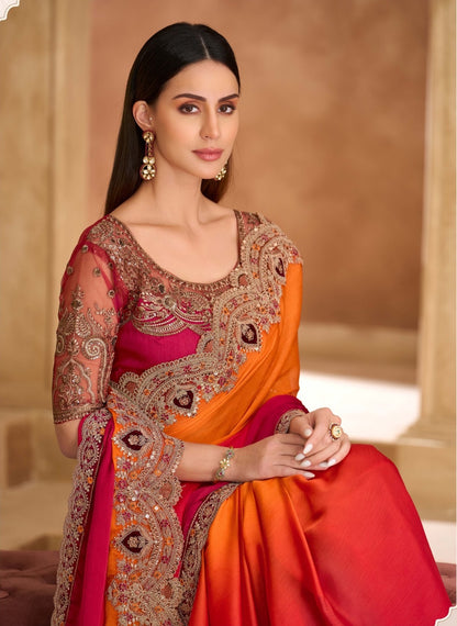 Orange & Rose Pink Cocktail Party Wear Readymade Saree