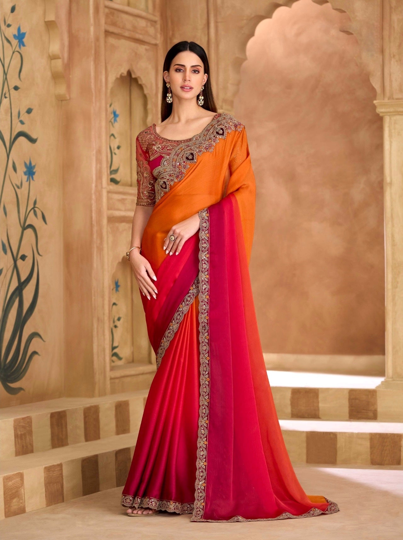 Orange & Rose Pink Cocktail Party Wear Readymade Saree