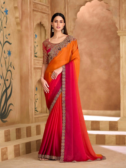 Orange & Rose Pink Cocktail Party Wear Readymade Saree