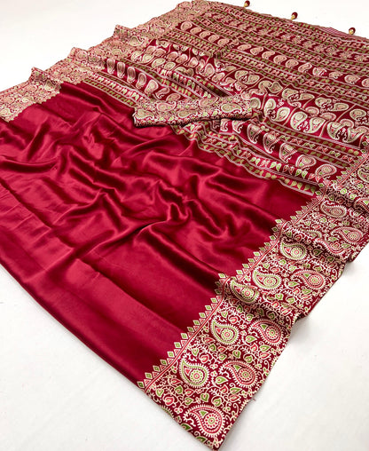 Red Readymade Crepe Ajrakh Silk Saree