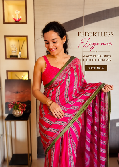 Pink & Green Stripe Mirror Crepe Silk Ready To Wear/Easy Saree