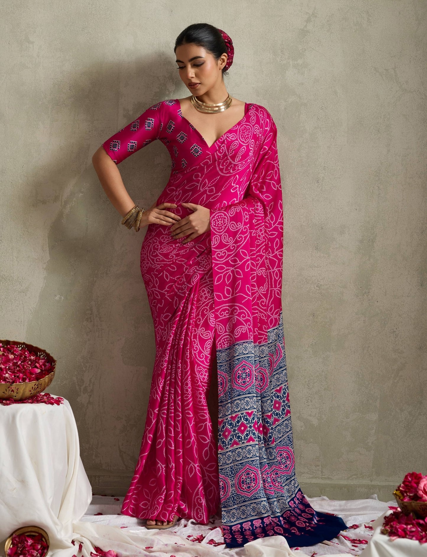 Pink Crepe Silk Readymade/Easy Saree