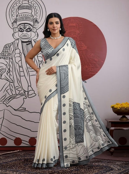 Grey and White Crepe Silk Readymade/Easy Saree