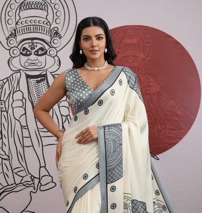 Grey and White Crepe Silk Readymade/Easy Saree