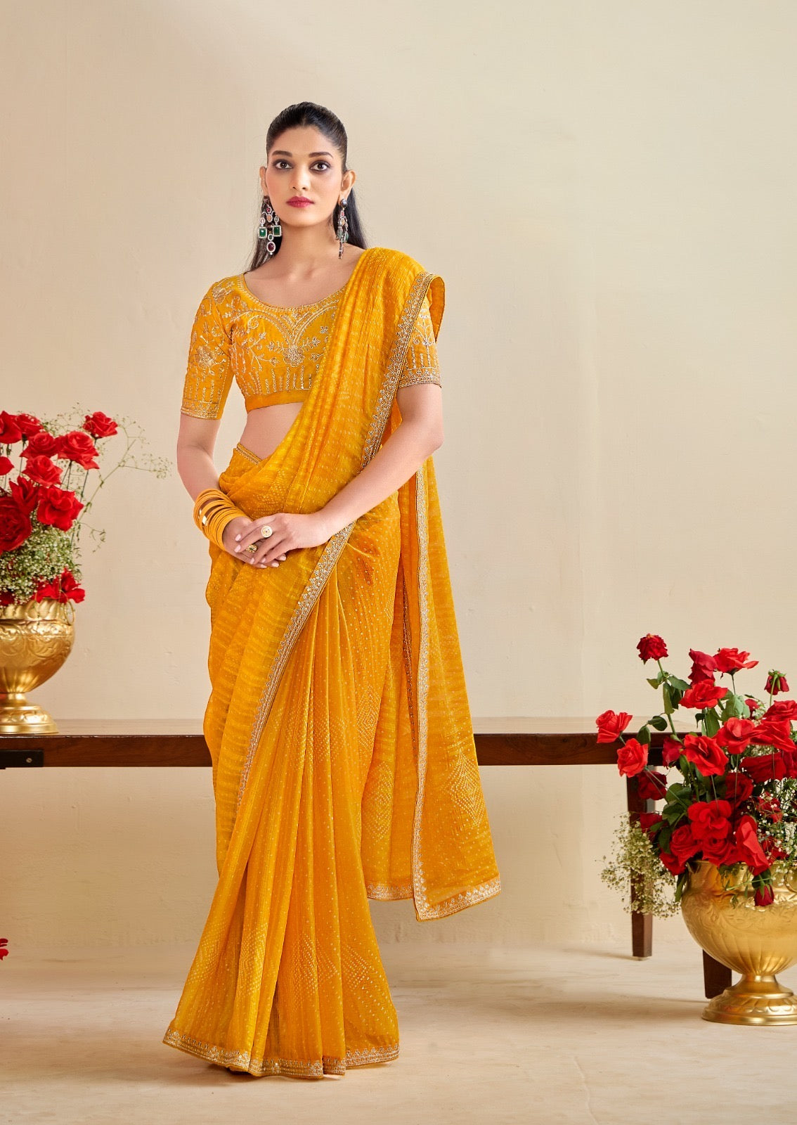 Mustard Yellow Georgette Readymade/Easy Saree