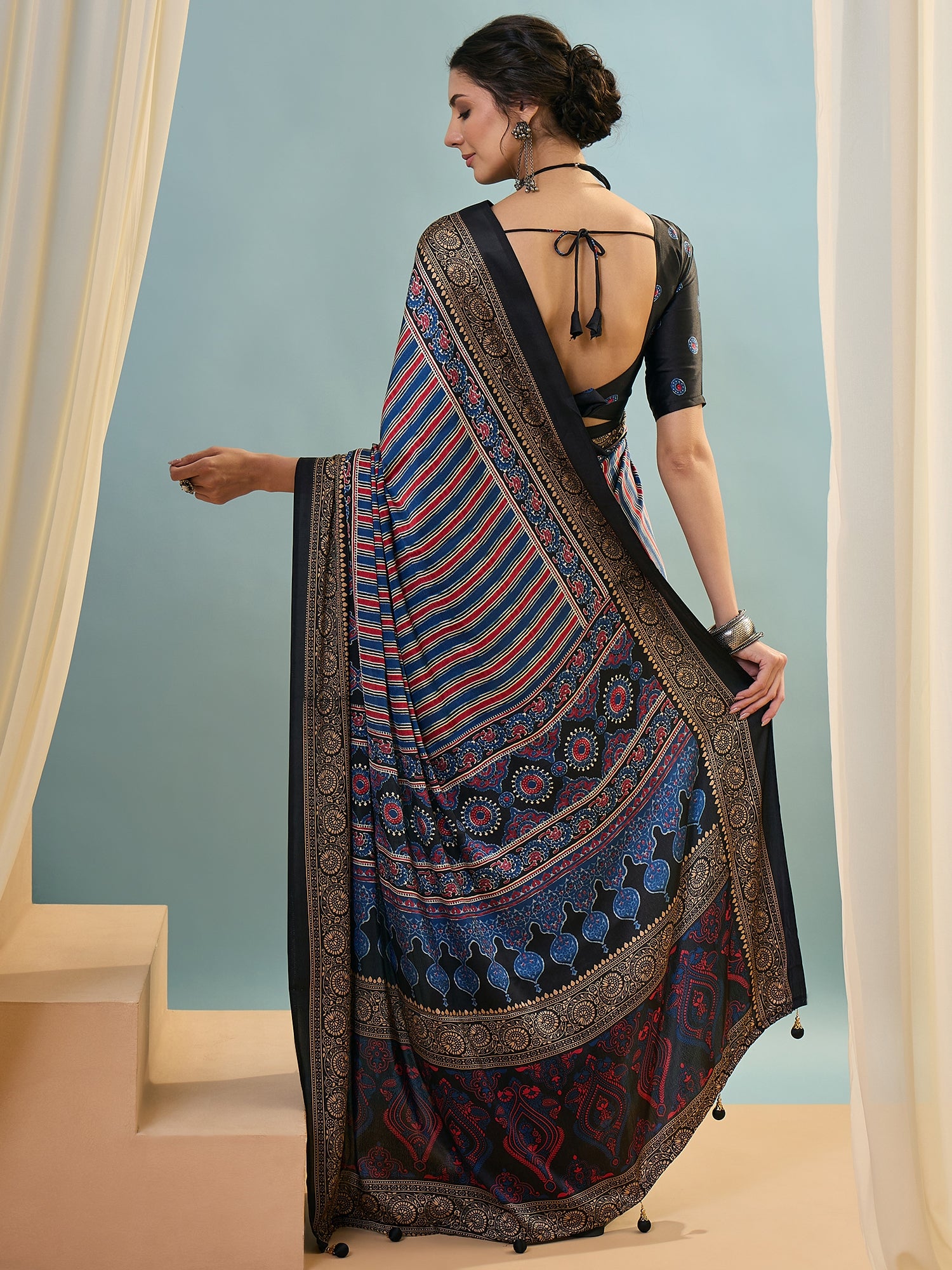 Black Multistripe Crepe Silk Readymade/Easy Saree - Panaash Saree