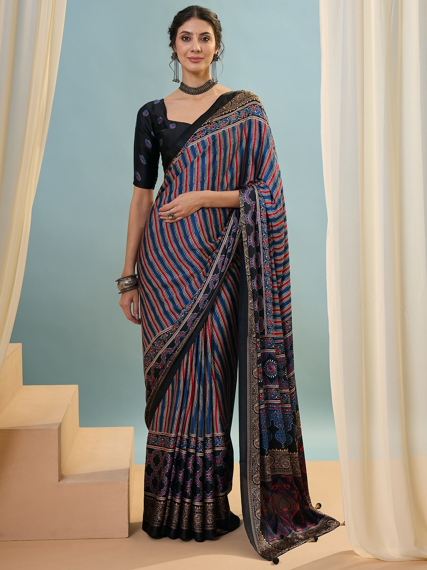 Black Multistripe Crepe Silk Readymade/Easy Saree - Panaash Saree