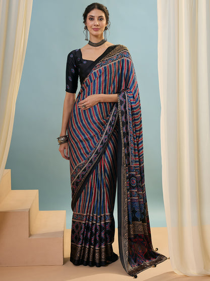 Black Multistripe Crepe Silk Readymade/Easy Saree - Panaash Saree