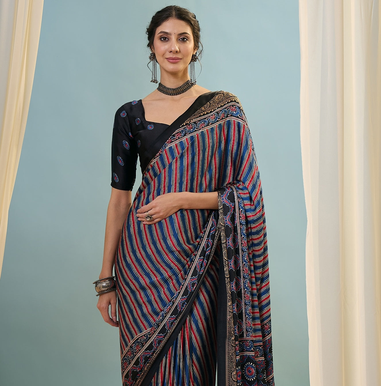 Black Multistripe Crepe Silk Readymade/Easy Saree - Panaash Saree