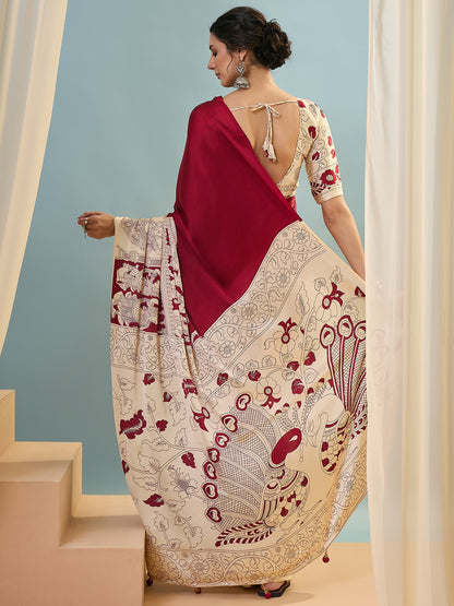 Red & Beige Crepe Silk Normal Drape Saree - Panaash Saree