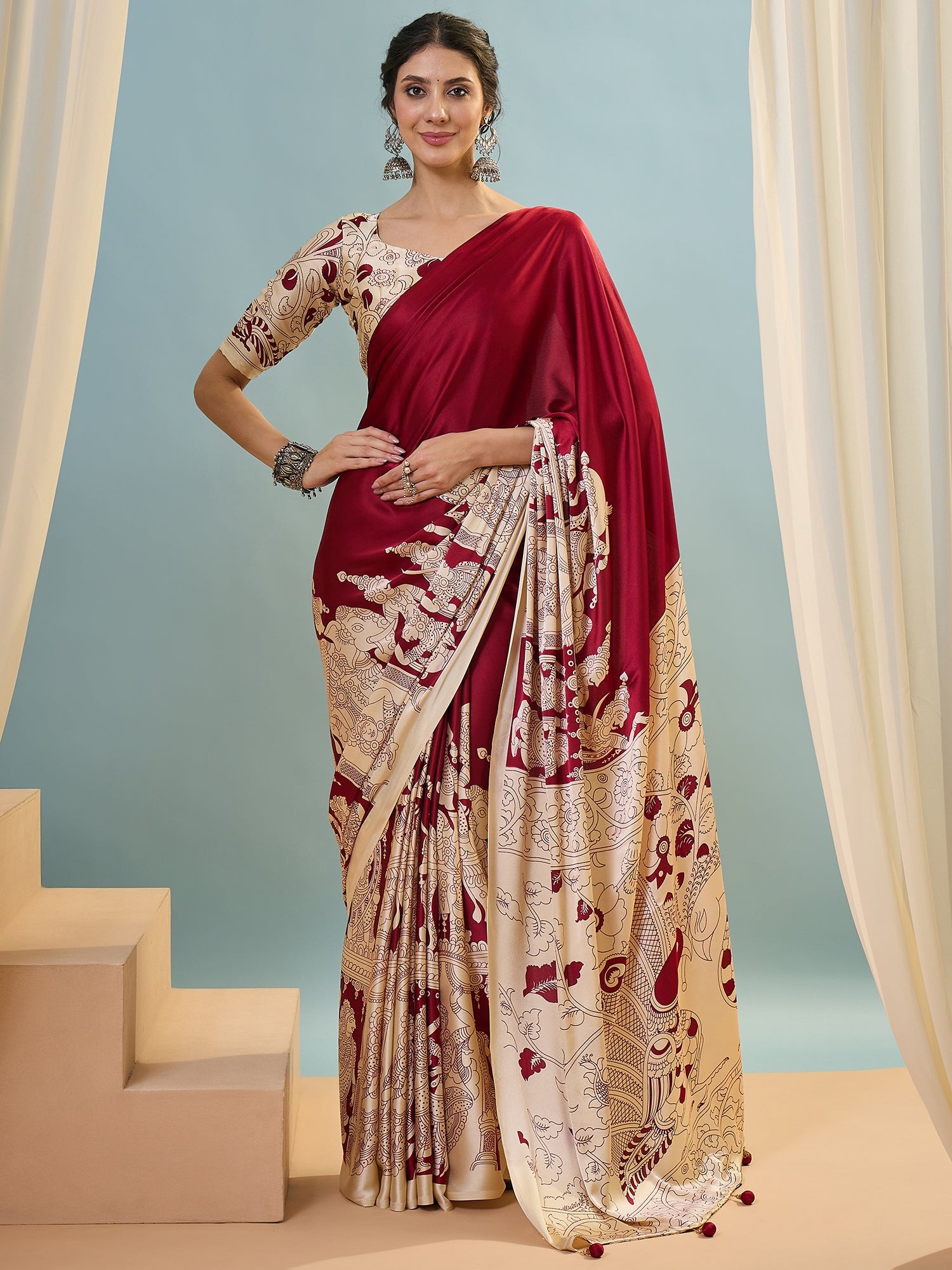 Red & Beige Crepe Silk Readymade/Easy Saree - Panaash Saree