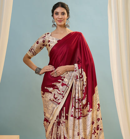 Red & Beige Crepe Silk Normal Drape Saree - Panaash Saree