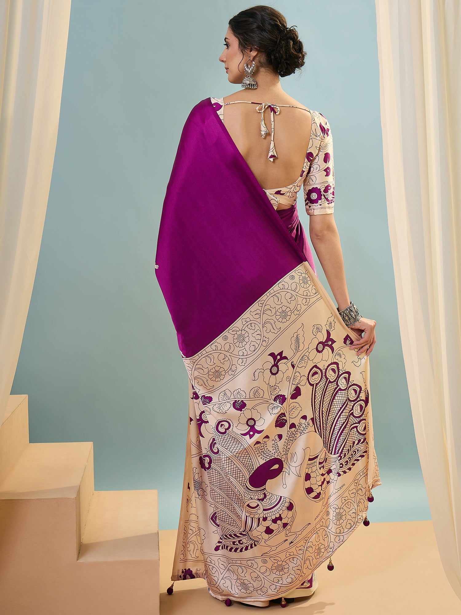 Purple & Beige Crepe Silk Readymade/Easy Saree - Panaash Saree