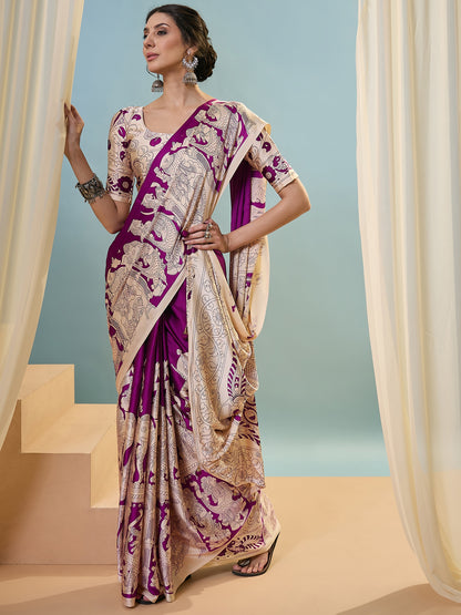 Purple & Beige Crepe Silk Readymade/Easy Saree - Panaash Saree