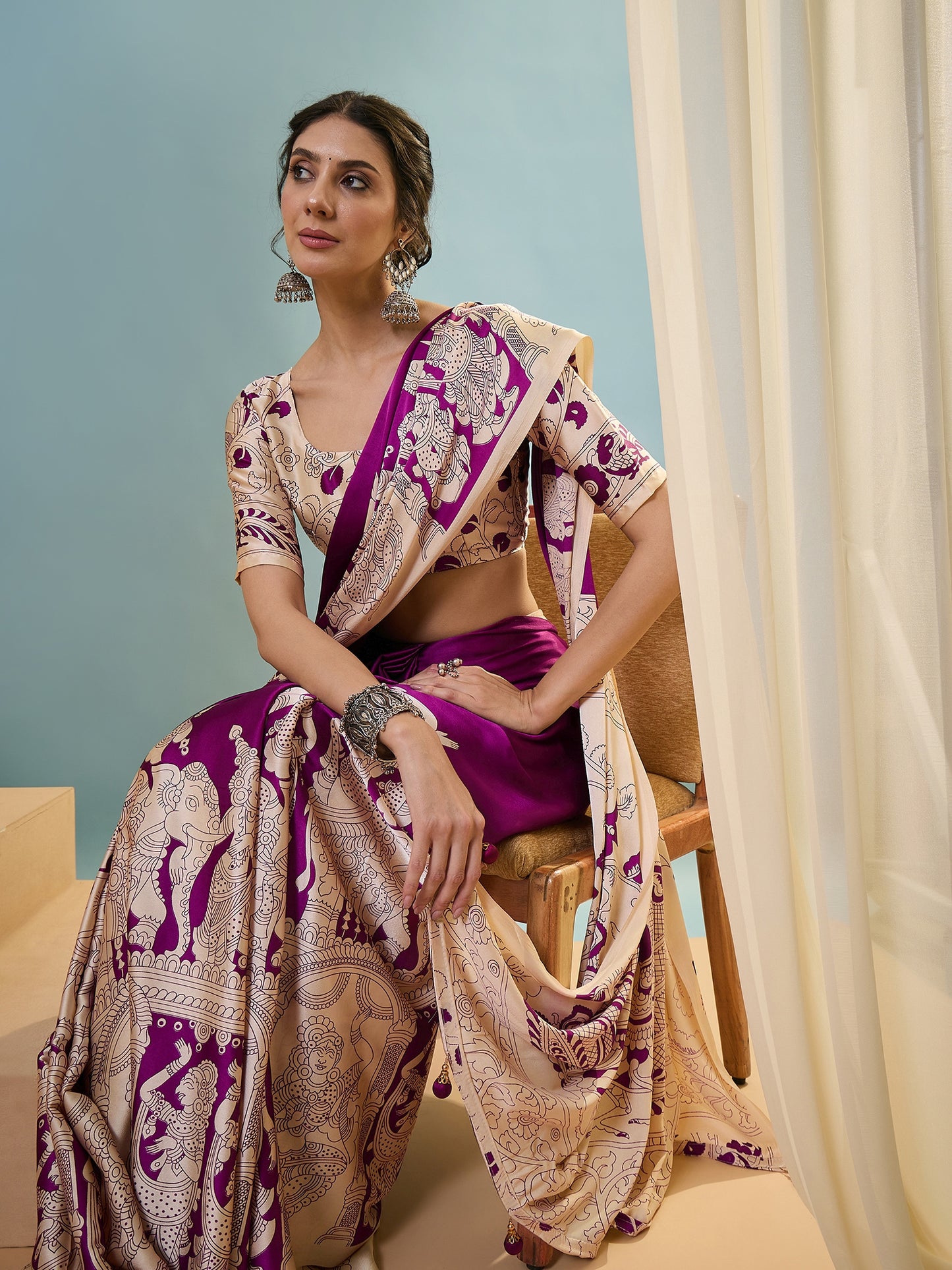 Purple & Beige Crepe Silk Readymade/Easy Saree - Panaash Saree