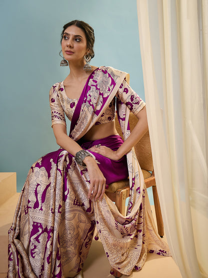 Purple & Beige Crepe Silk Normal Drape Saree - Panaash Saree
