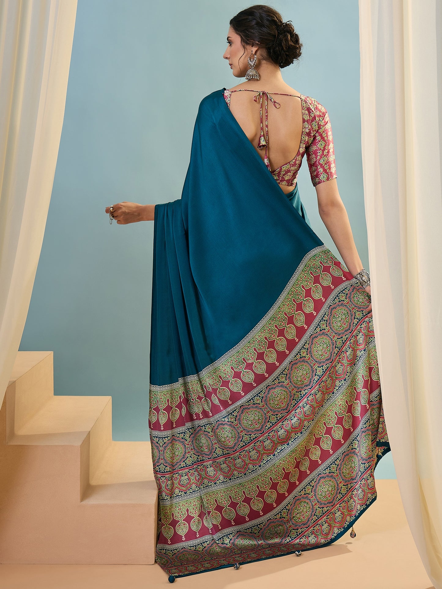 Blue Crepe Silk Ready To Wear/Easy Saree - Panaash Saree