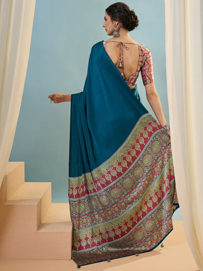Blue Crepe Silk Ready To Wear/Easy Saree - Panaash Saree