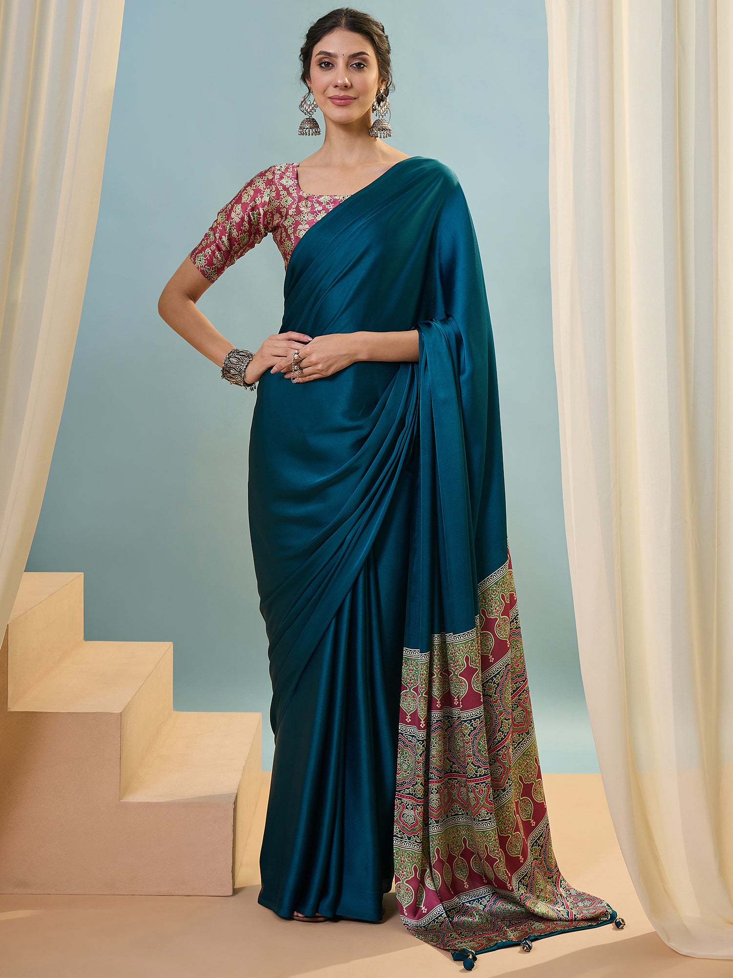 Blue Crepe Silk Ready To Wear/Easy Saree - Panaash Saree
