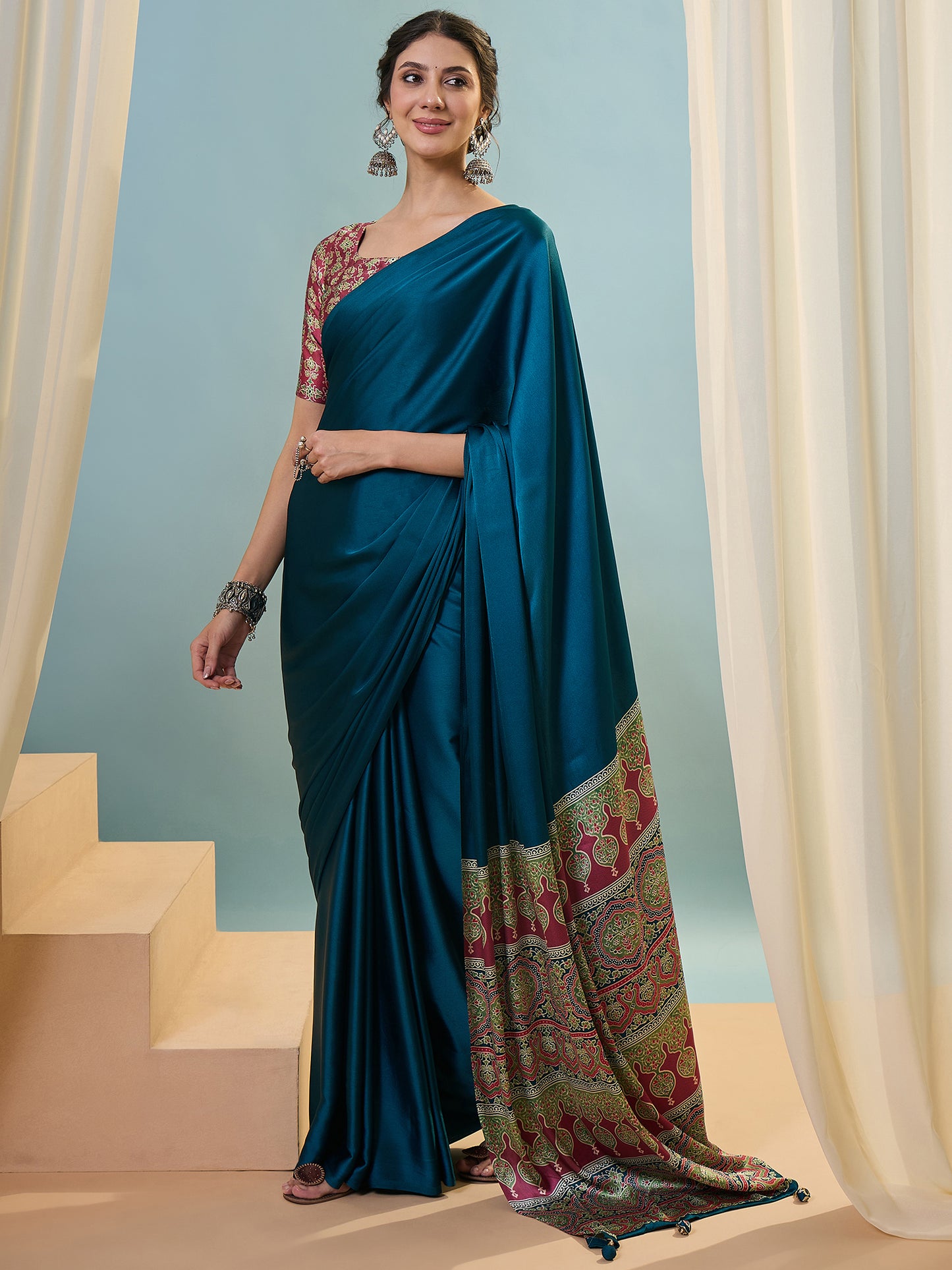 Blue Crepe Silk Ready To Wear/Easy Saree - Panaash Saree