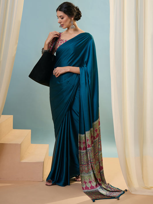 Blue Crepe Silk Ready To Wear/Easy Saree - Panaash Saree