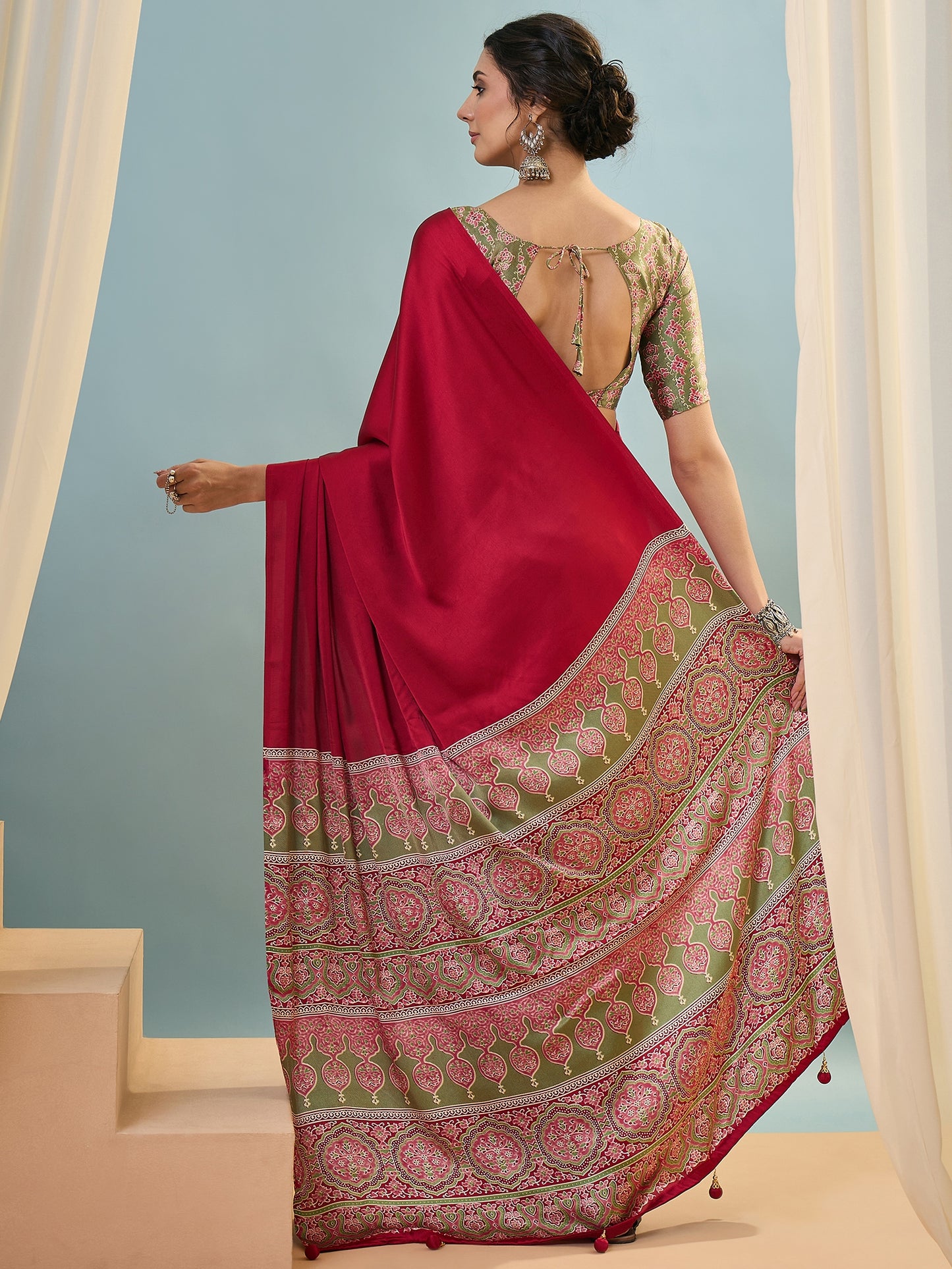 Red Crepe Silk Ready To Wear/Easy Saree - Panaash Saree
