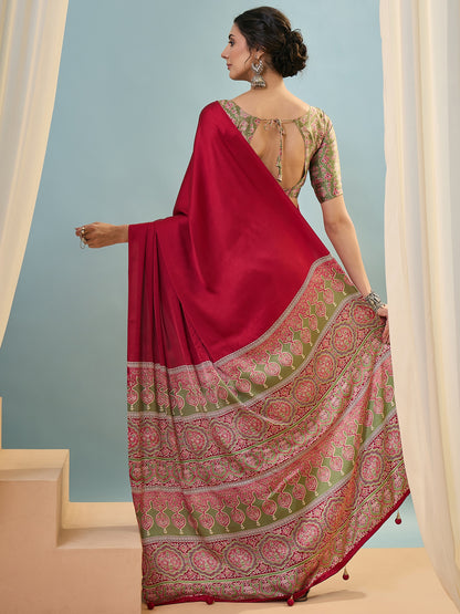 Red Crepe Silk Ready To Wear/Easy Saree - Panaash Saree
